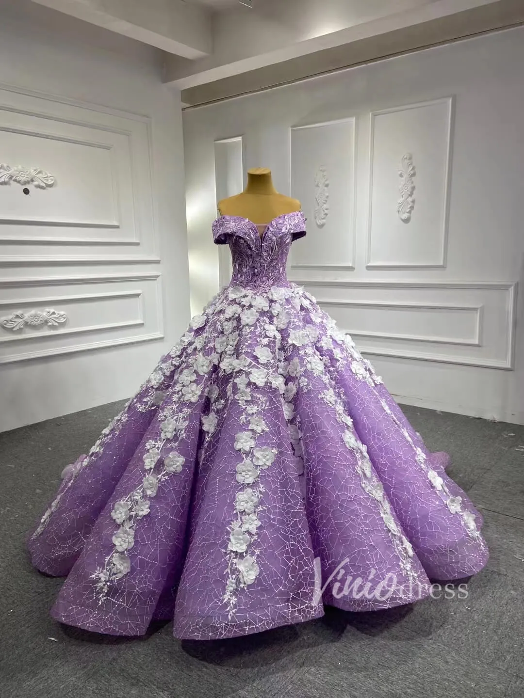 3D Flower Lilac Sweet 15 Dress Off the Shoulder Quince Dress 66601