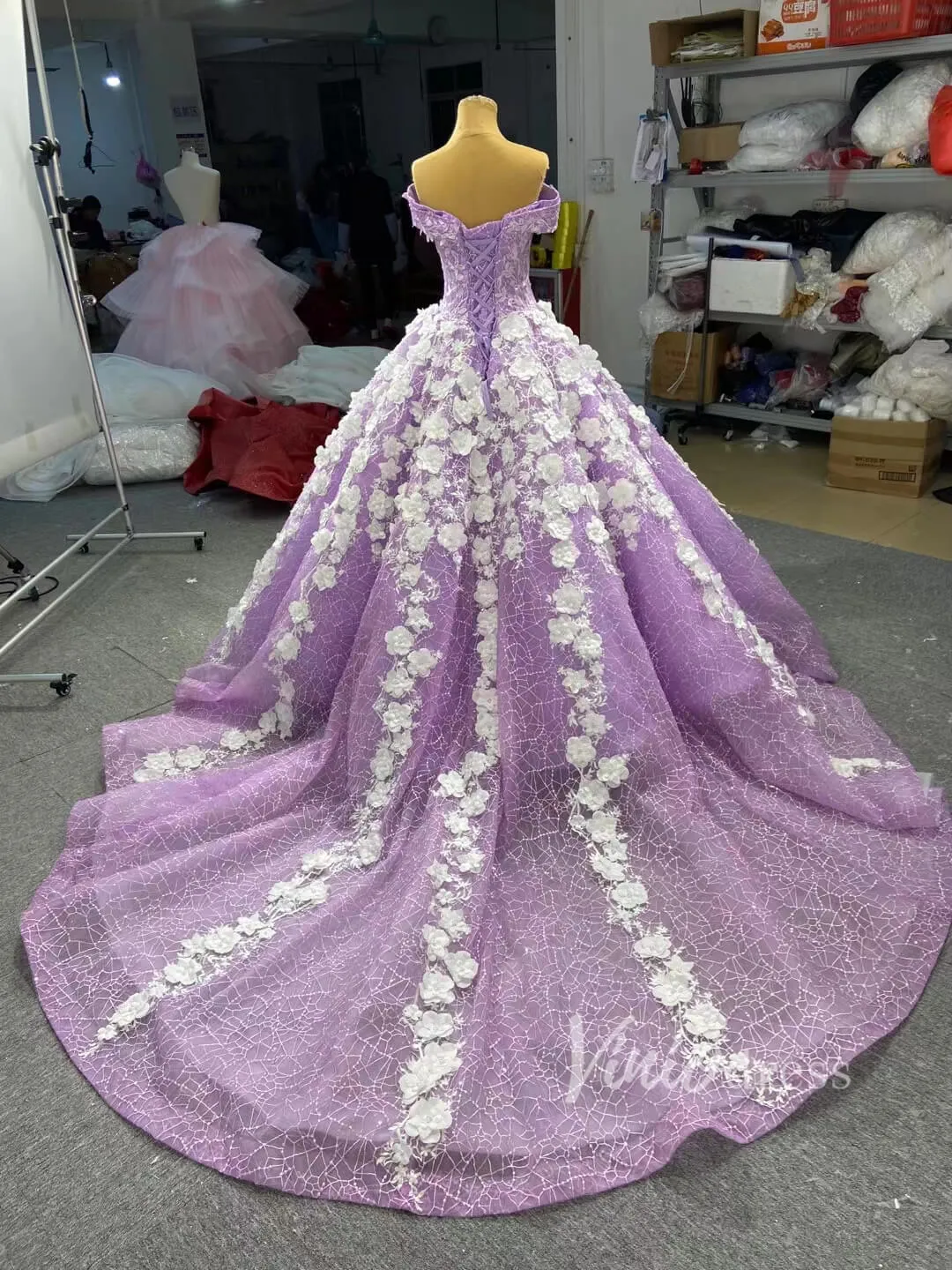 3D Flower Lilac Sweet 15 Dress Off the Shoulder Quince Dress 66601