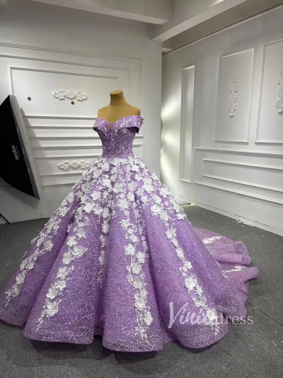 3D Flower Lilac Sweet 15 Dress Off the Shoulder Quince Dress 66601