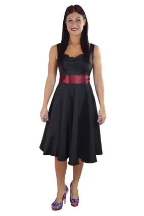 60's Vintage Retro Design Little Black Satin Dress with Burgundy Sash Ribbon Belt