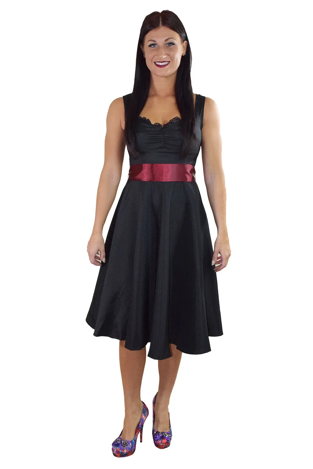 60's Vintage Retro Design Little Black Satin Dress with Burgundy Sash Ribbon Belt
