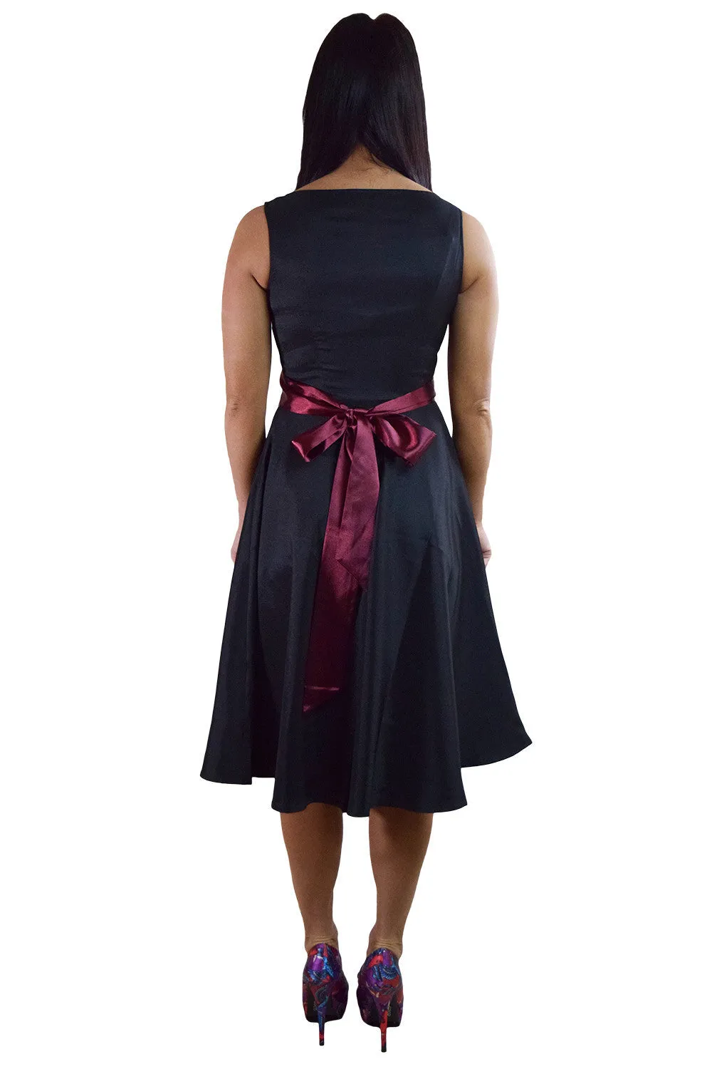 60's Vintage Retro Design Little Black Satin Dress with Burgundy Sash Ribbon Belt