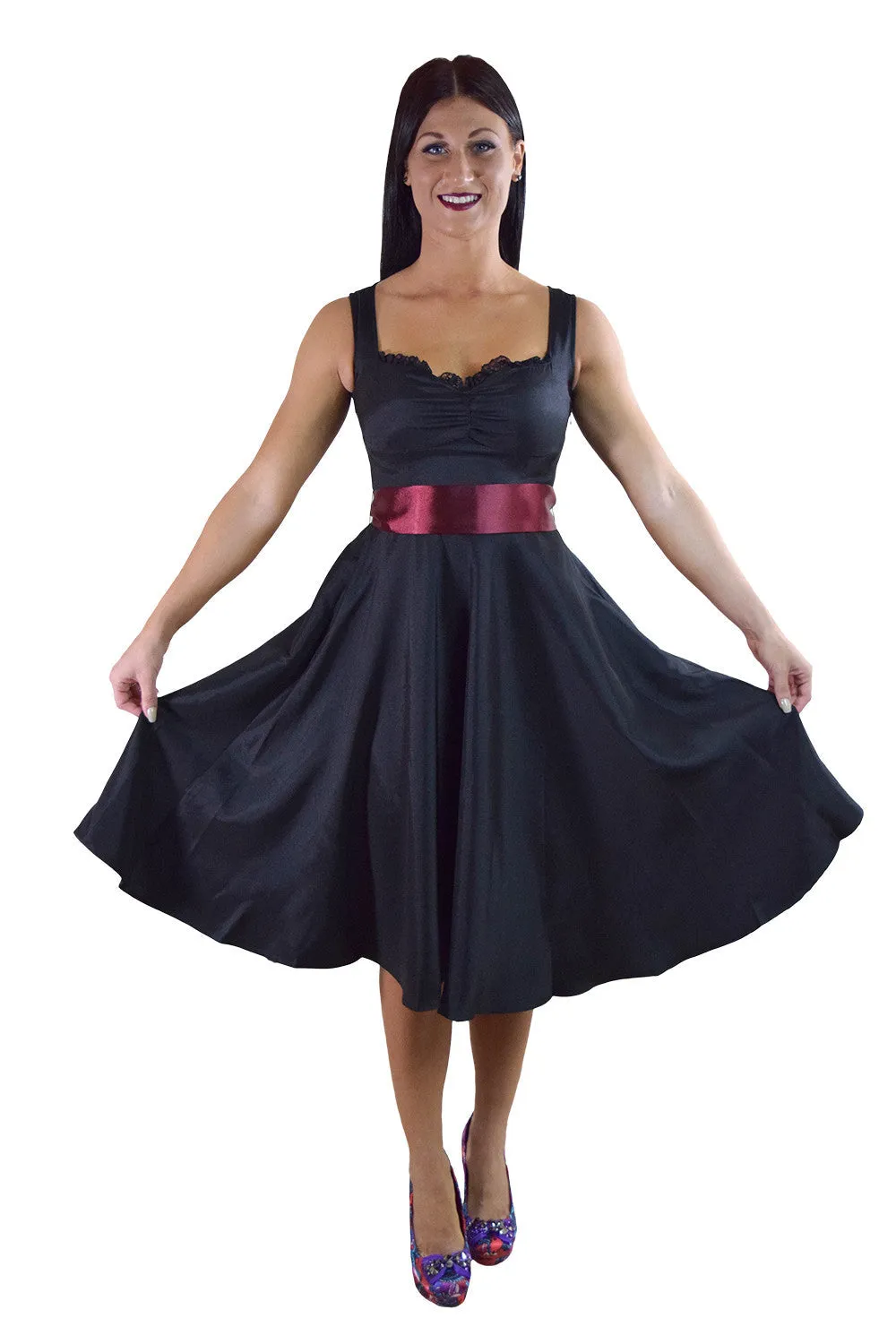 60's Vintage Retro Design Little Black Satin Dress with Burgundy Sash Ribbon Belt
