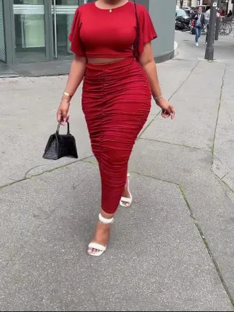 Alpha C Apparel Slim Fit Ruffled Hip Cover Two-Piece Skirt Set