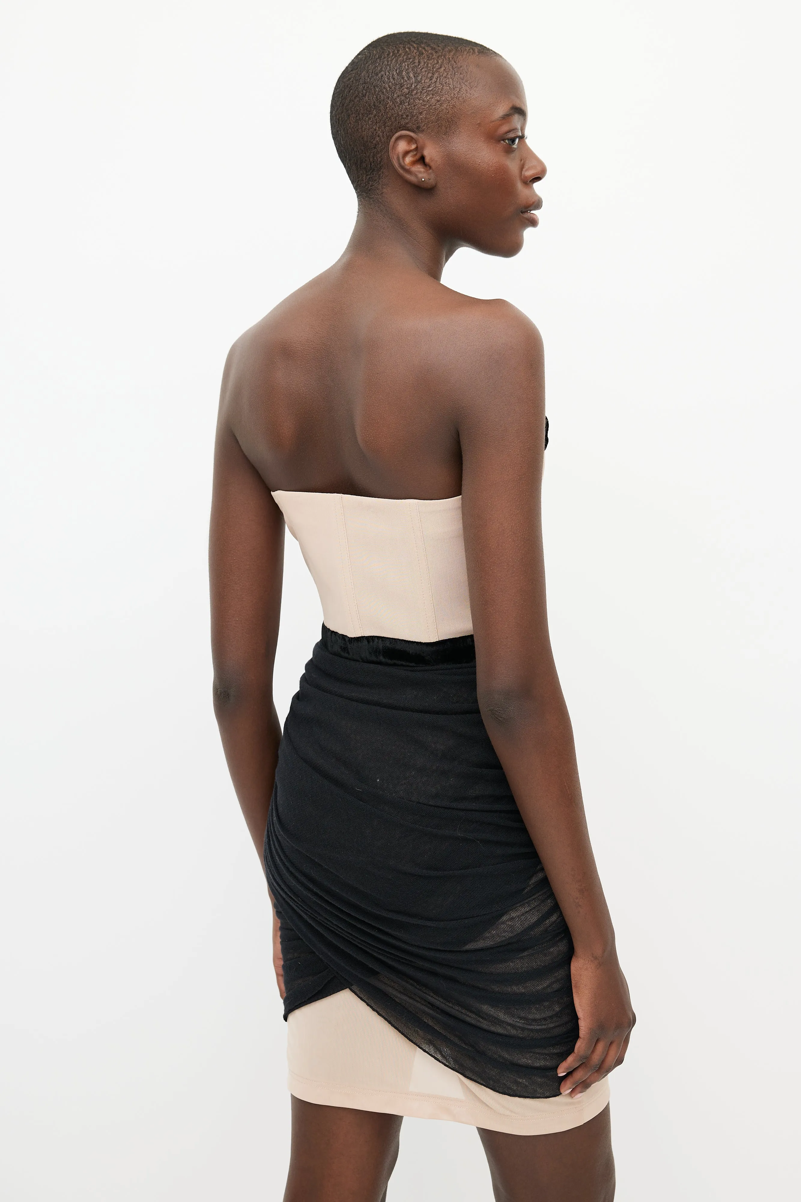 Black & Beige Gathered Mesh Dress