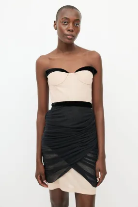 Black & Beige Gathered Mesh Dress