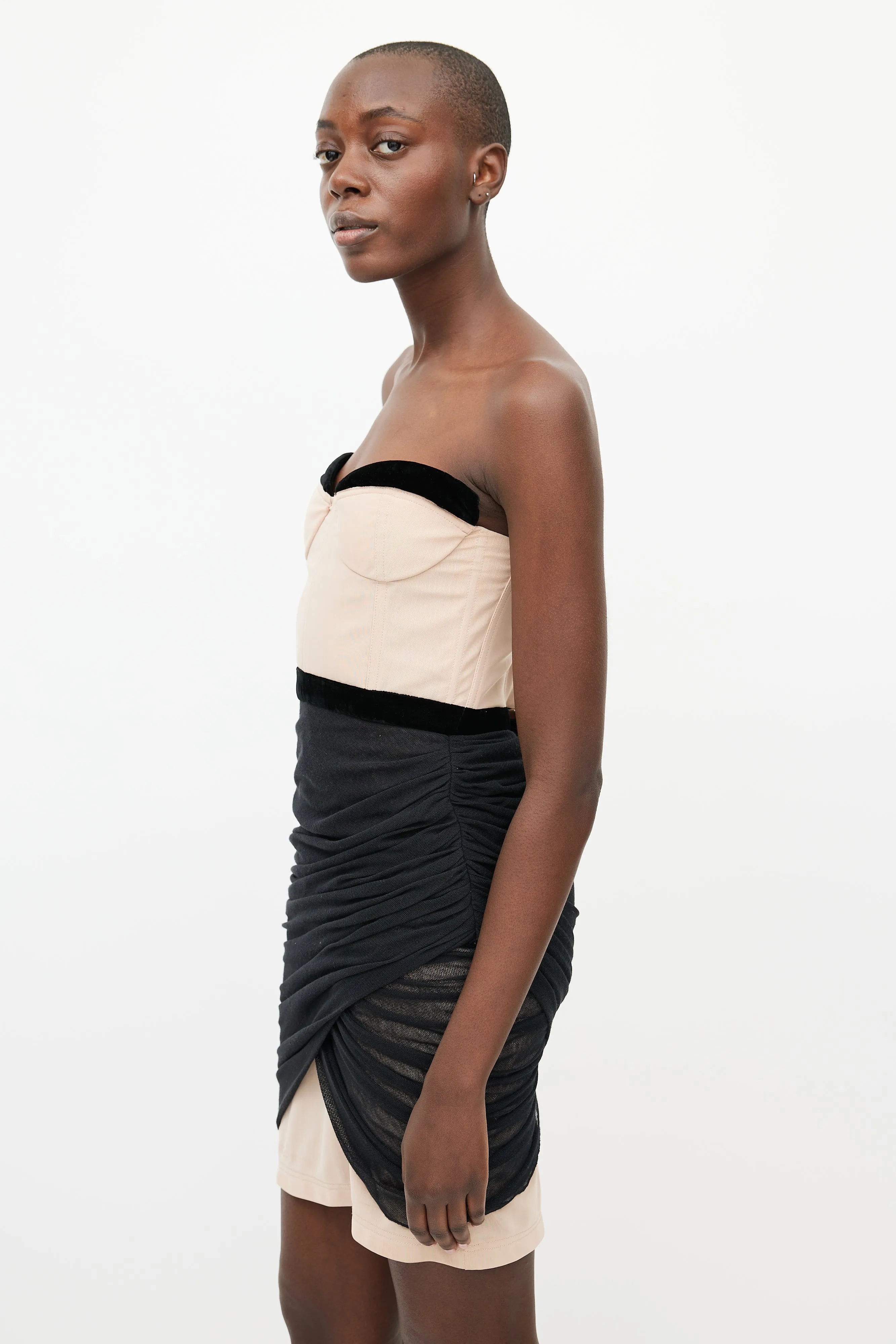 Black & Beige Gathered Mesh Dress