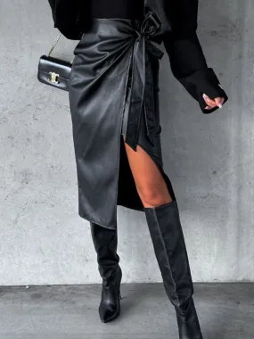 Black Classy Tie Waist Skirt