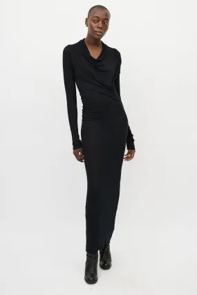 Black Draped Front Long Sleeve Maxi Dress