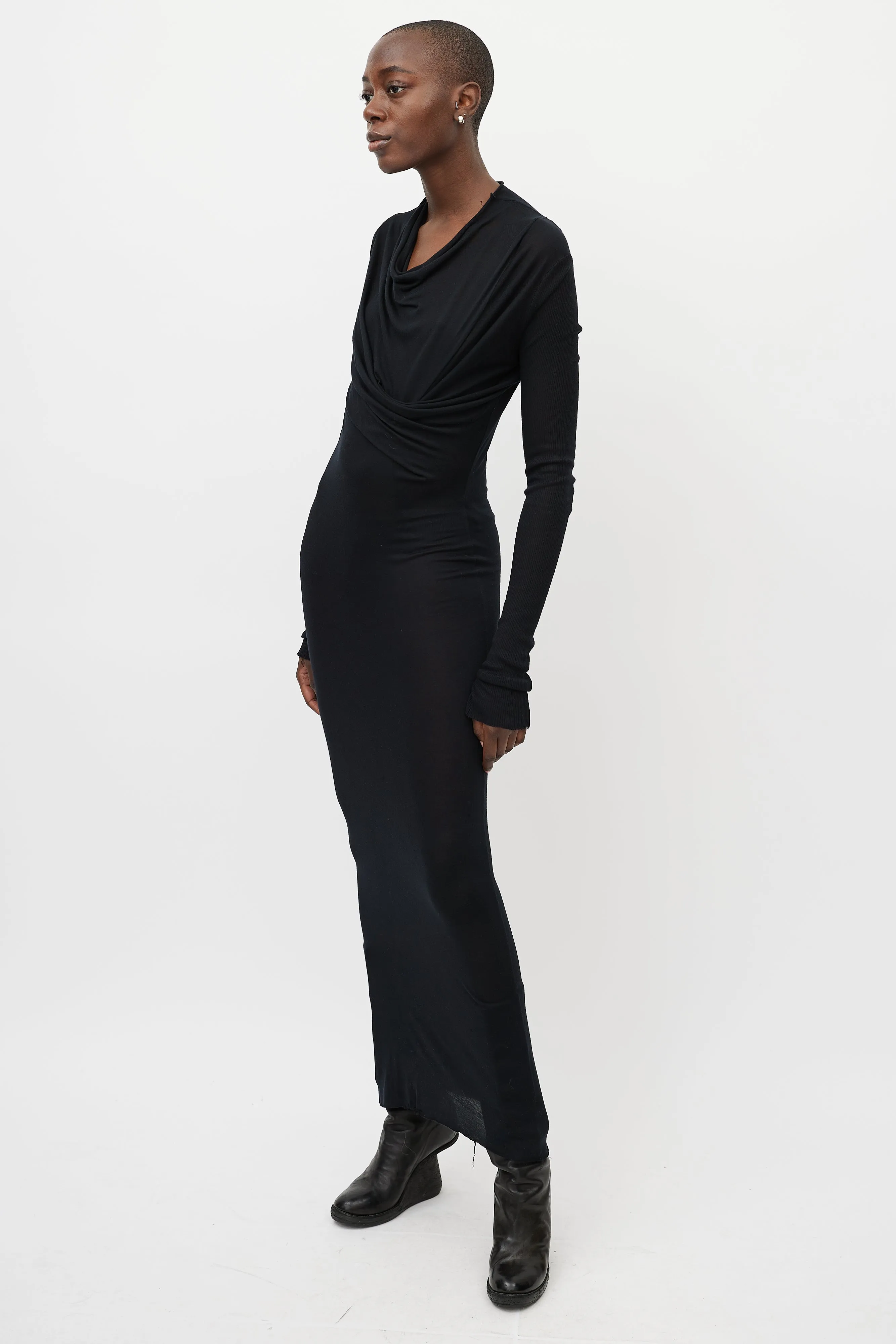 Black Draped Front Long Sleeve Maxi Dress