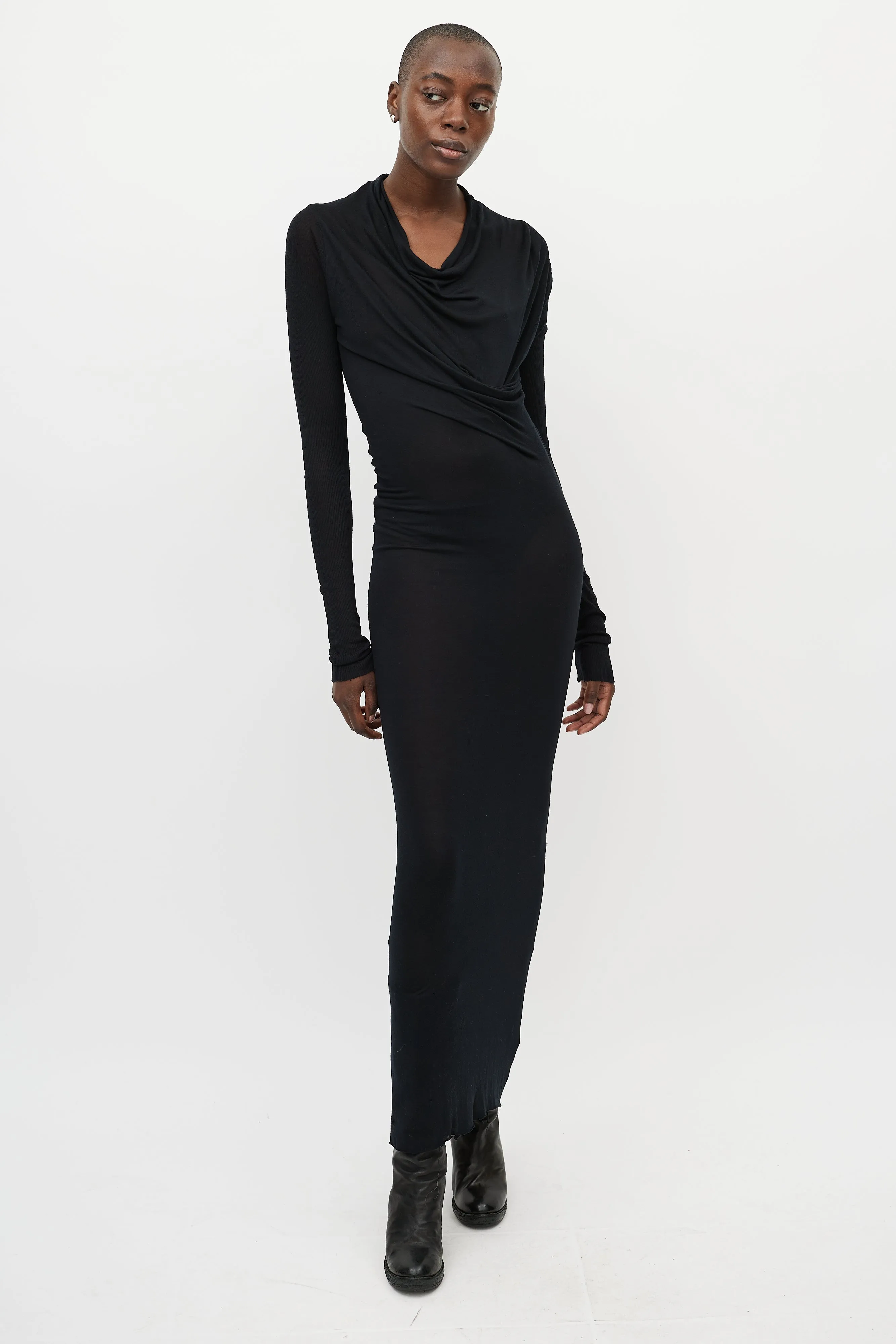 Black Draped Front Long Sleeve Maxi Dress