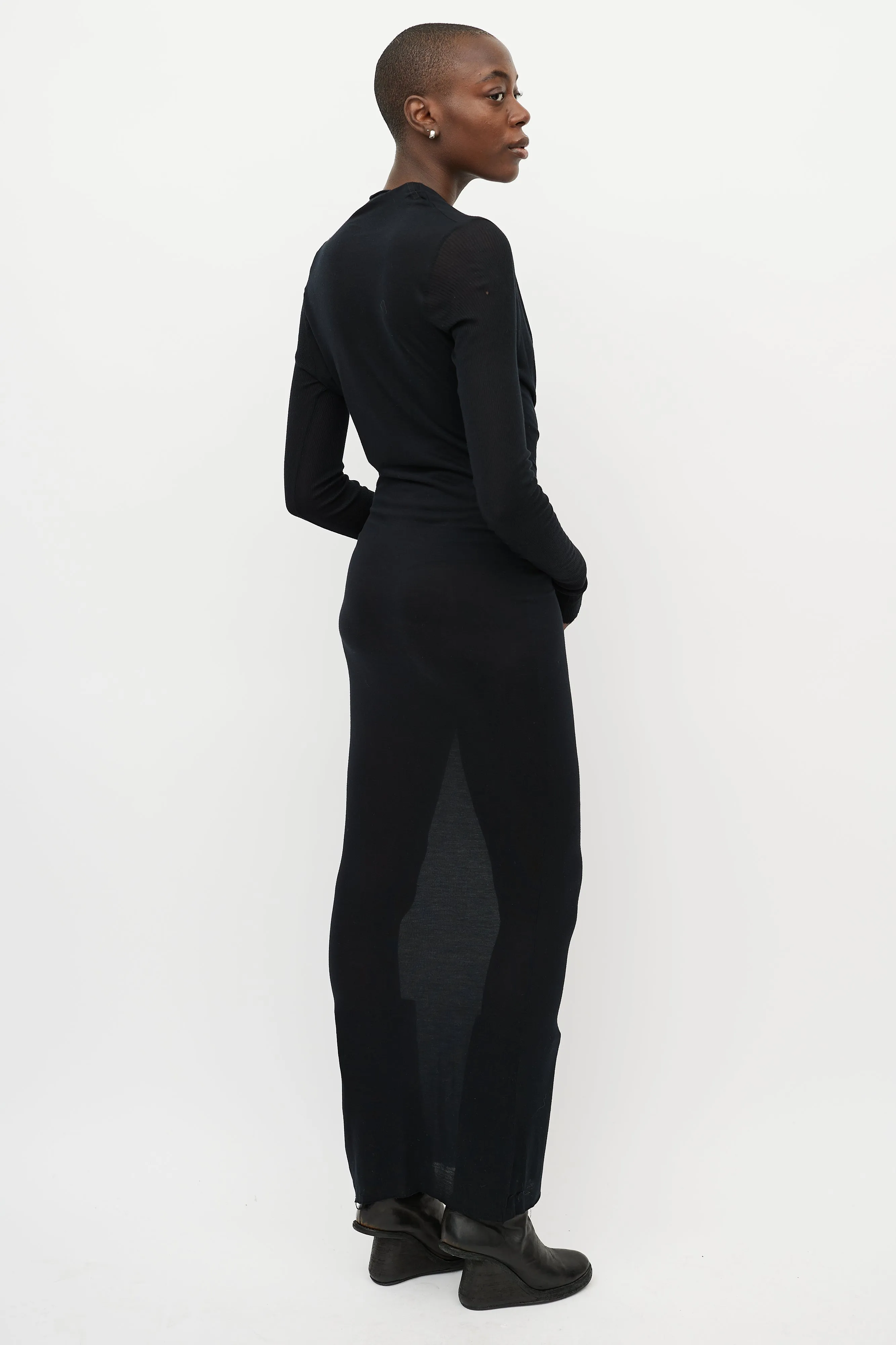 Black Draped Front Long Sleeve Maxi Dress