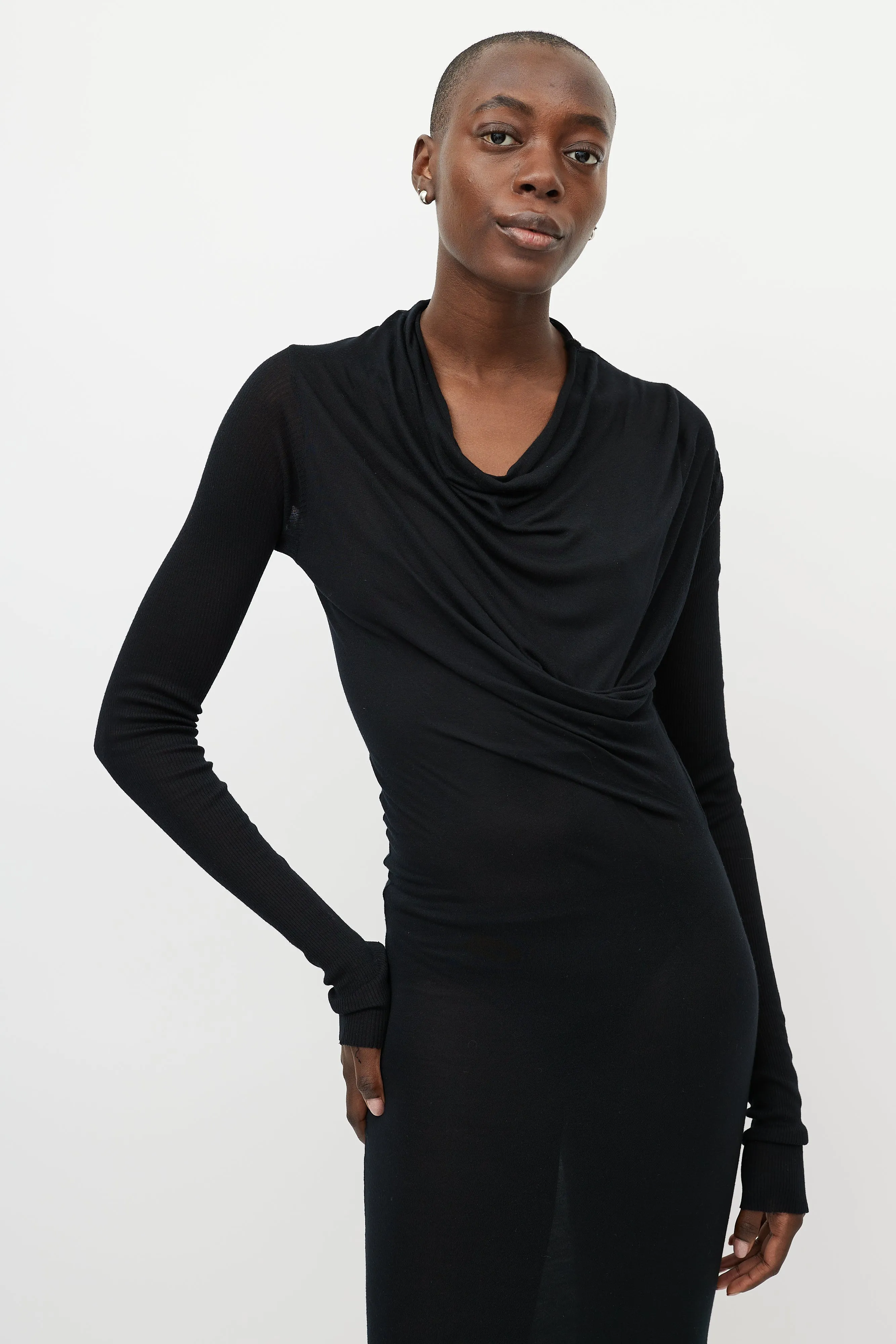 Black Draped Front Long Sleeve Maxi Dress