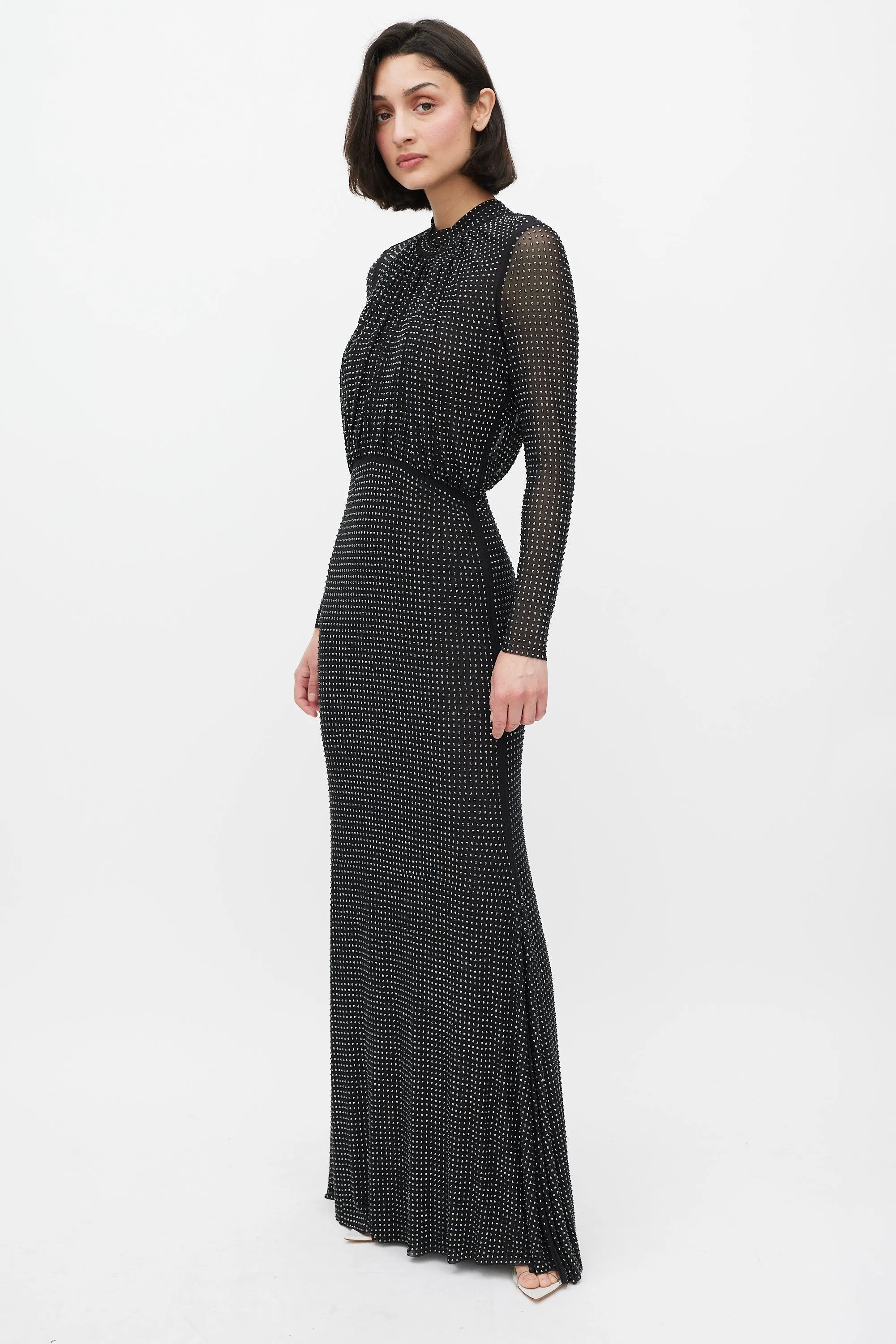 Black Rhinestone Mesh Long Sleeve Maxi Dress