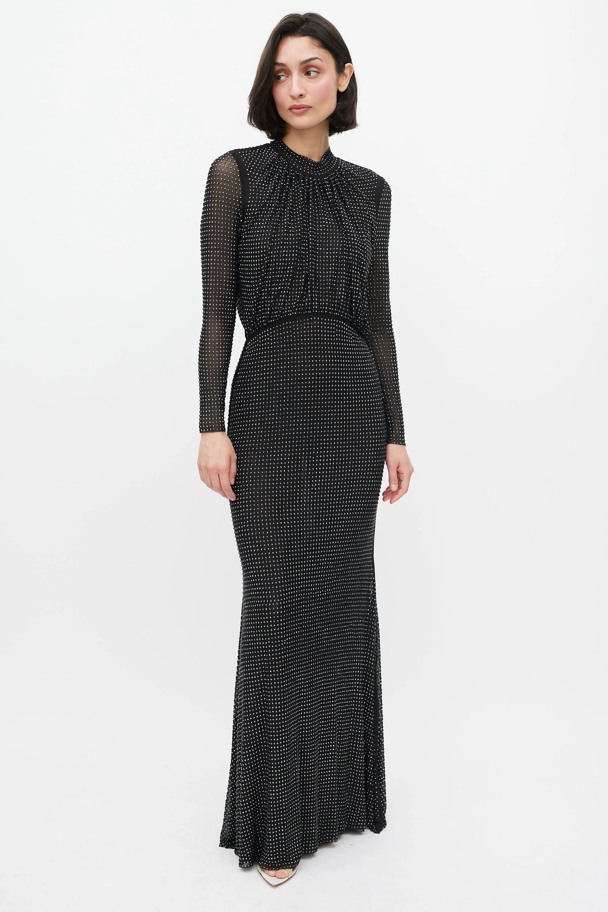 Black Rhinestone Mesh Long Sleeve Maxi Dress