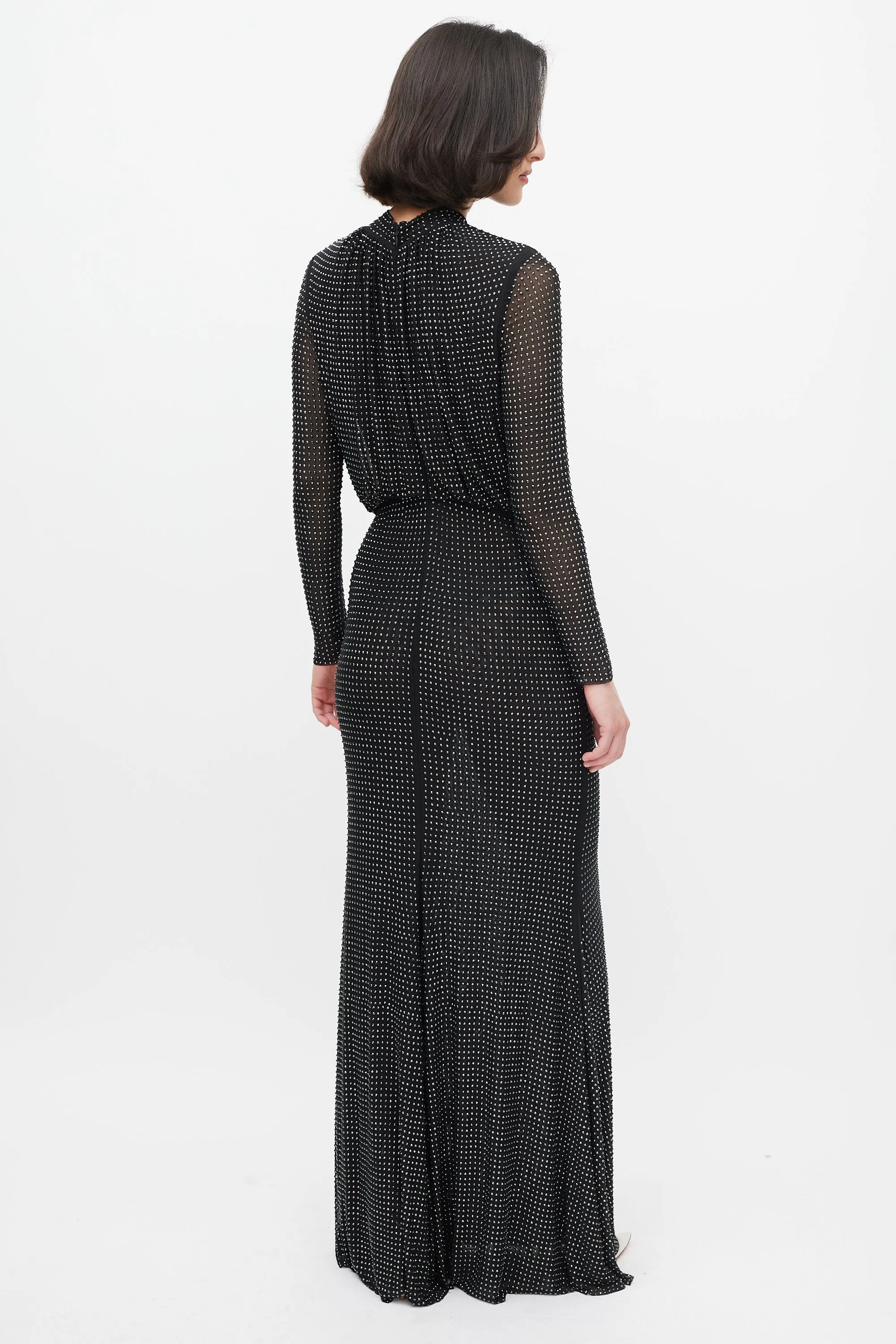 Black Rhinestone Mesh Long Sleeve Maxi Dress