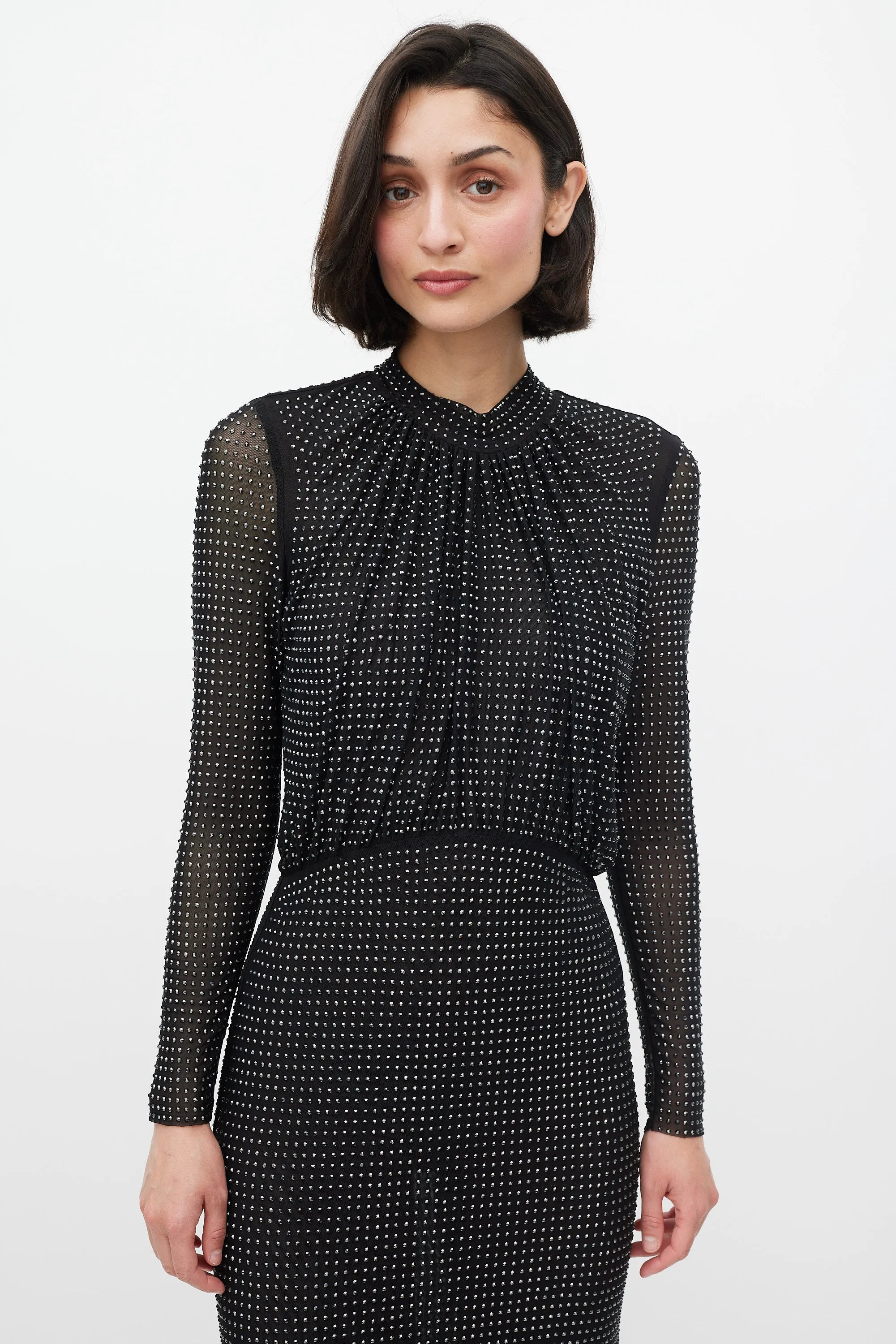 Black Rhinestone Mesh Long Sleeve Maxi Dress