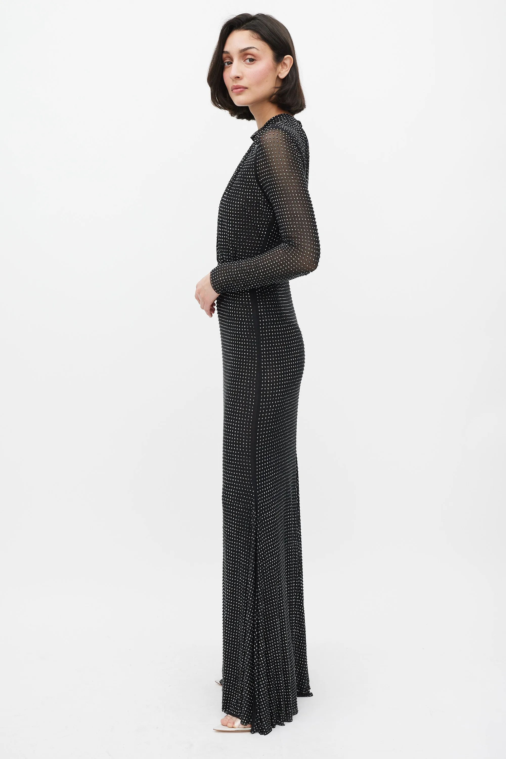 Black Rhinestone Mesh Long Sleeve Maxi Dress