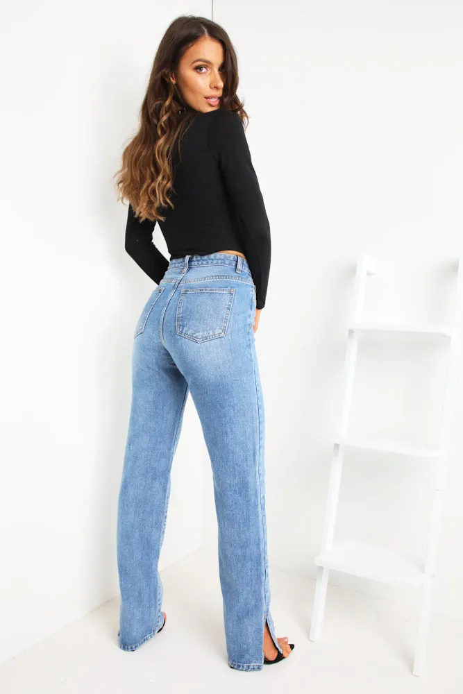 Blue Mid Wash Longline Split Hem Bootleg Jeans