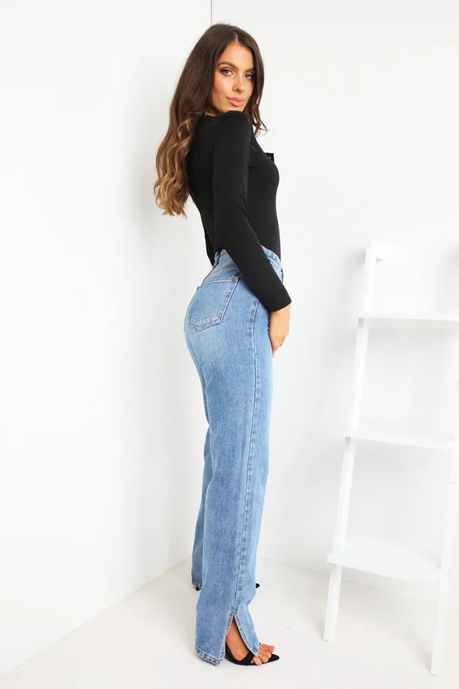 Blue Mid Wash Longline Split Hem Bootleg Jeans