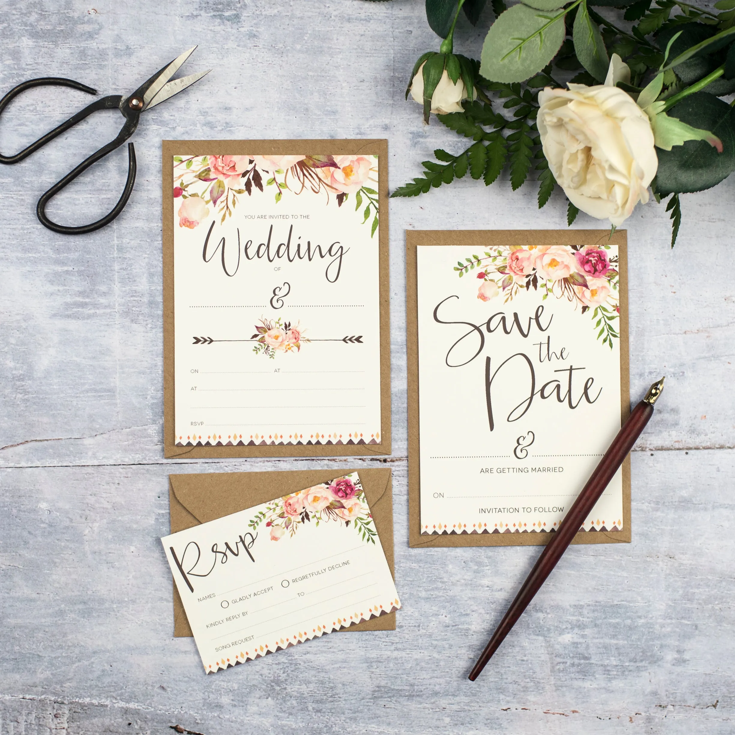 Boho Floral Ready To Write Wedding Stationery