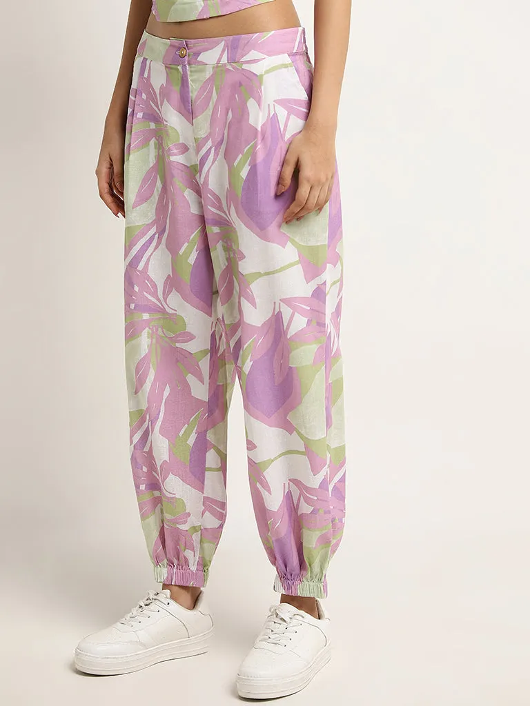 Bombay Paisley Lilac Printed Cotton Blend High-Rise Pants