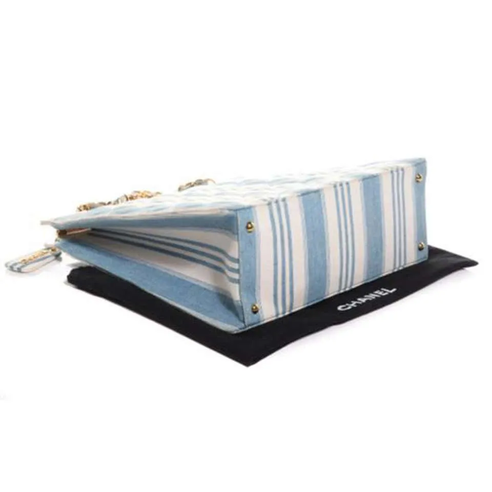 Chanel Shopping Vintage 90s Jean Striped Mini Blue and White Denim Tote