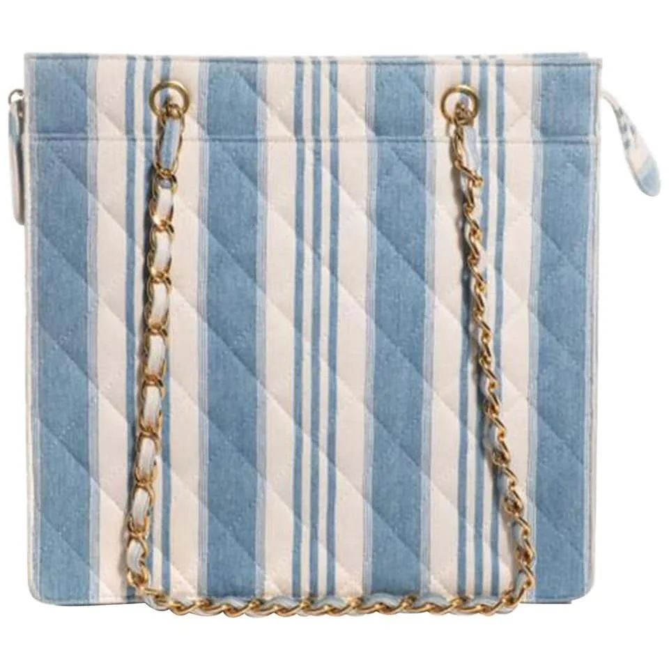 Chanel Shopping Vintage 90s Jean Striped Mini Blue and White Denim Tote