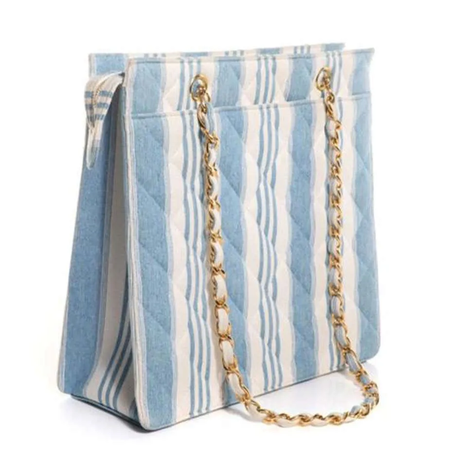 Chanel Shopping Vintage 90s Jean Striped Mini Blue and White Denim Tote