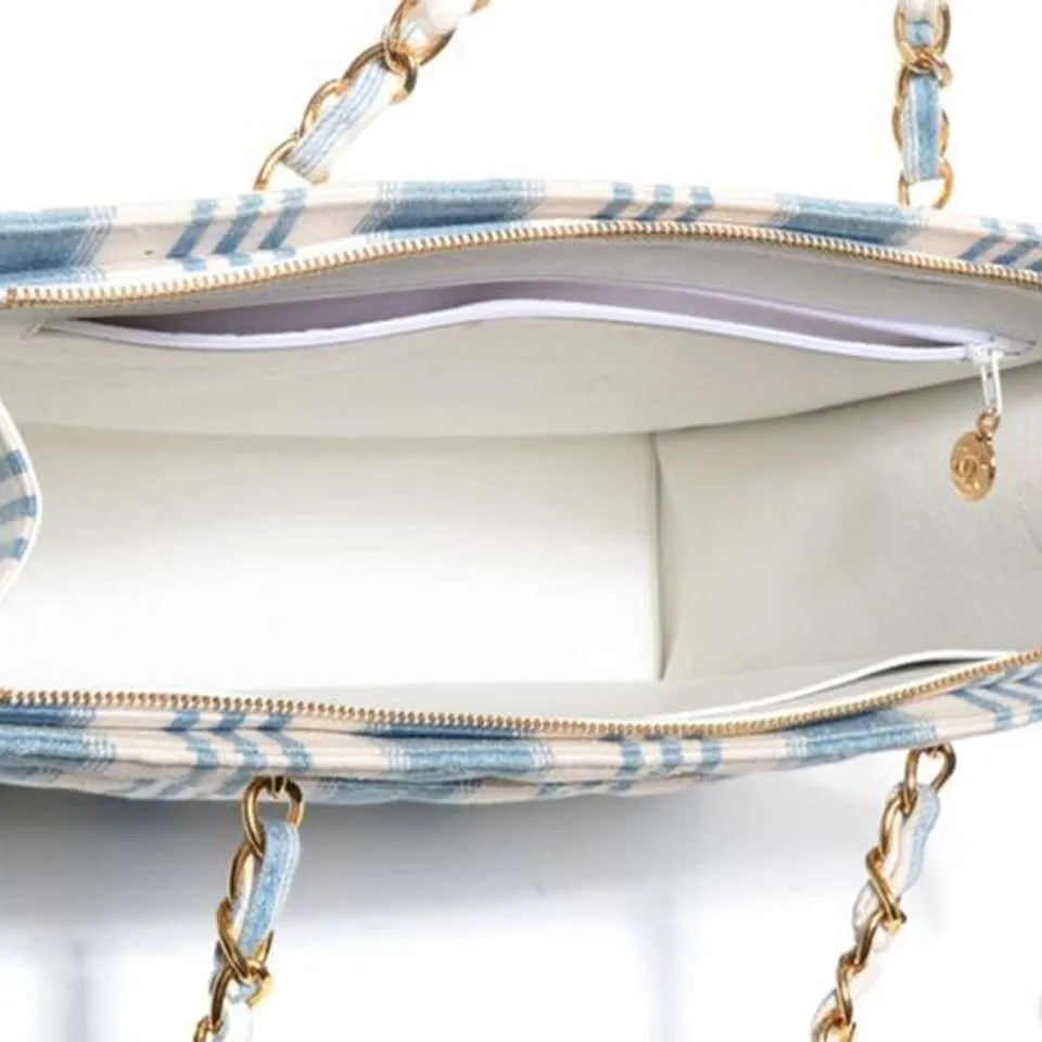 Chanel Shopping Vintage 90s Jean Striped Mini Blue and White Denim Tote