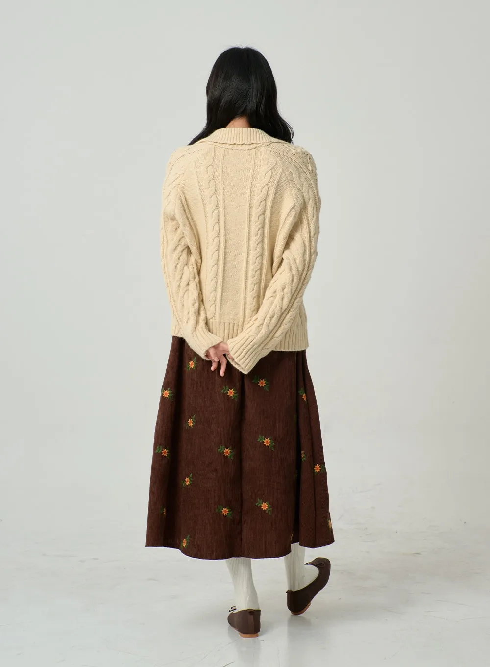 Corduroy Embroidery Flower Long Skirt BN04
