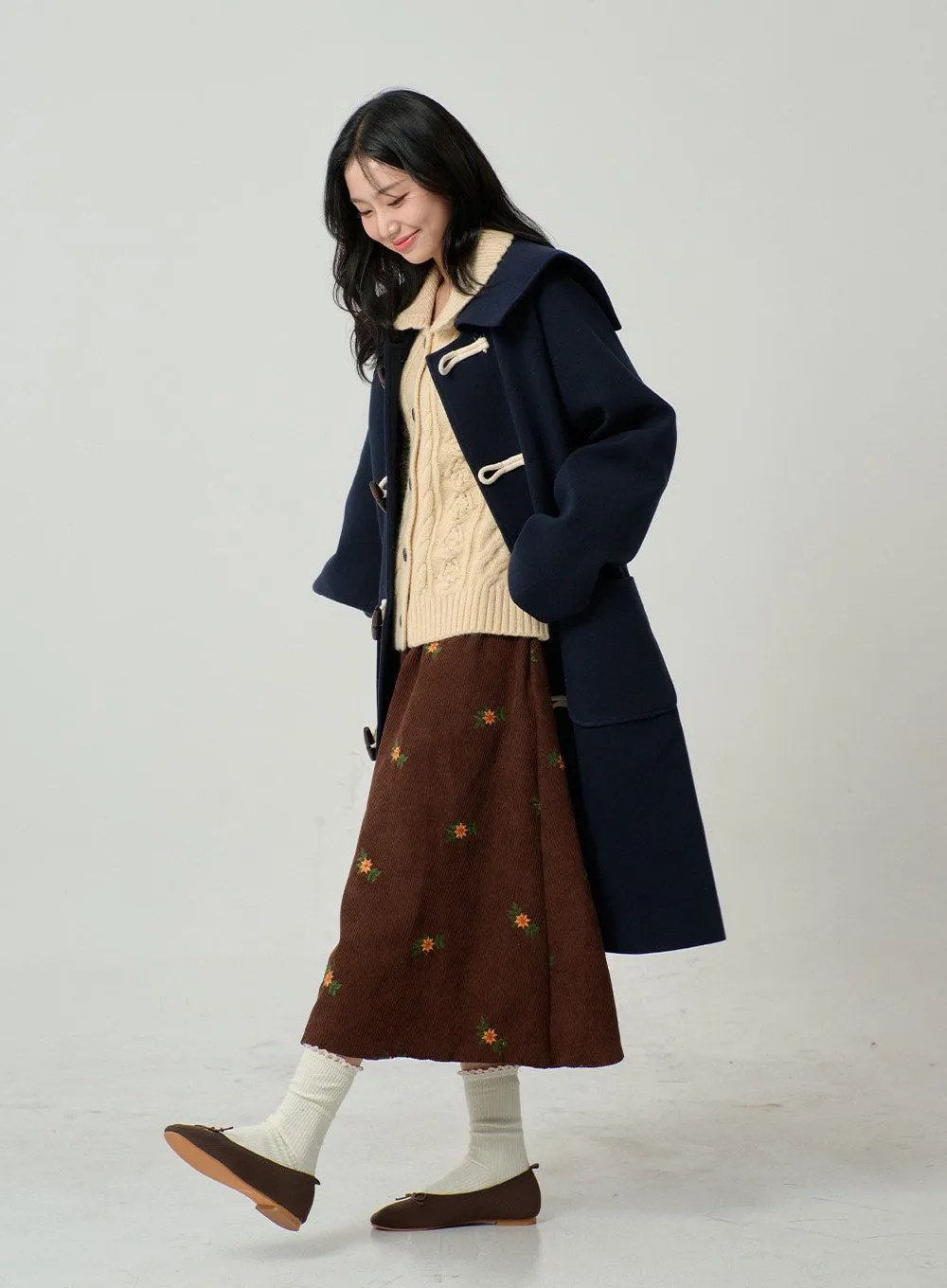 Corduroy Embroidery Flower Long Skirt BN04