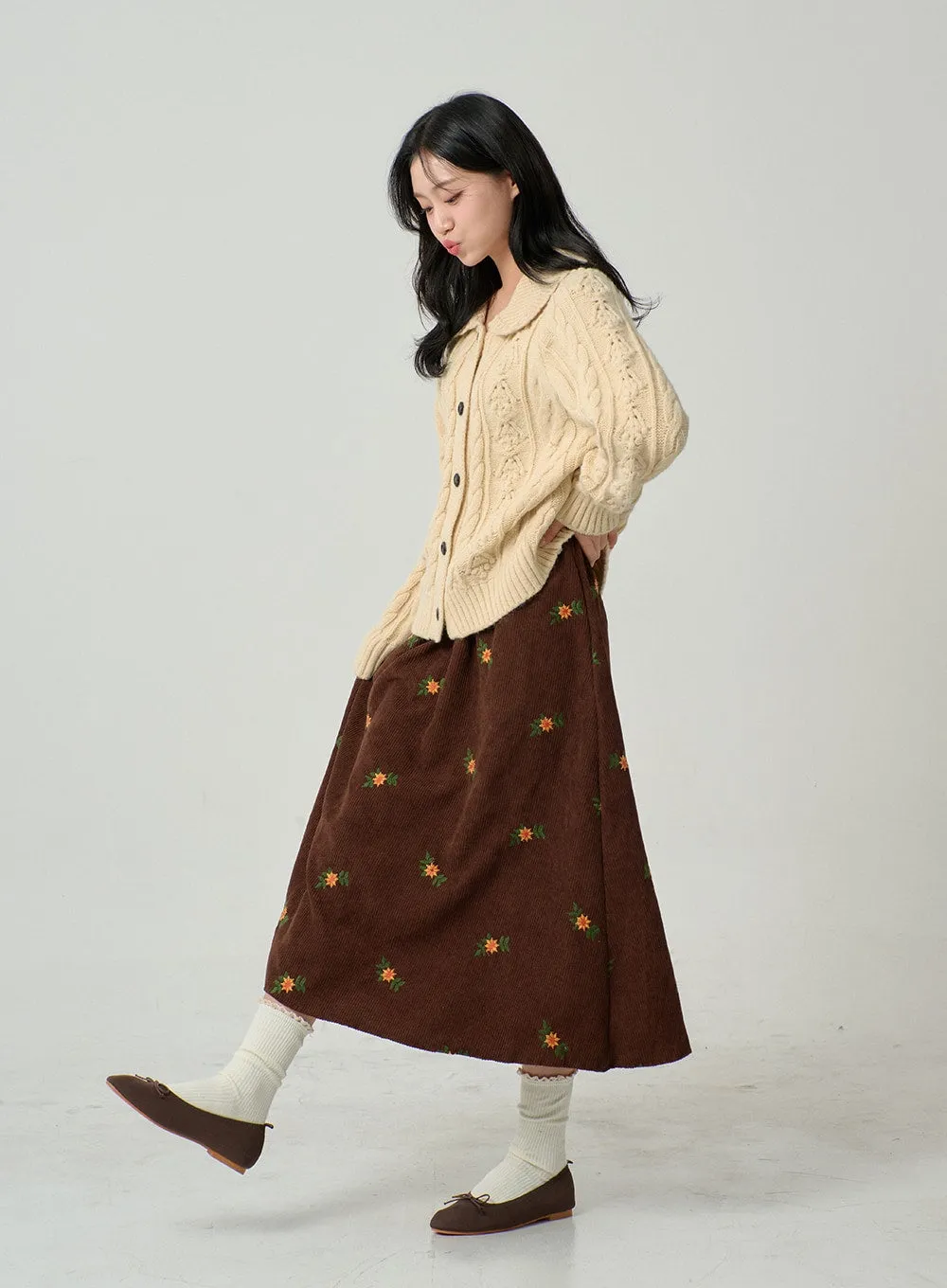 Corduroy Embroidery Flower Long Skirt BN04