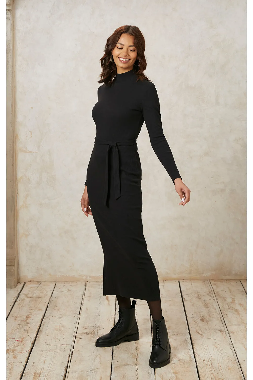 Corey Rib Midi Dress in Black