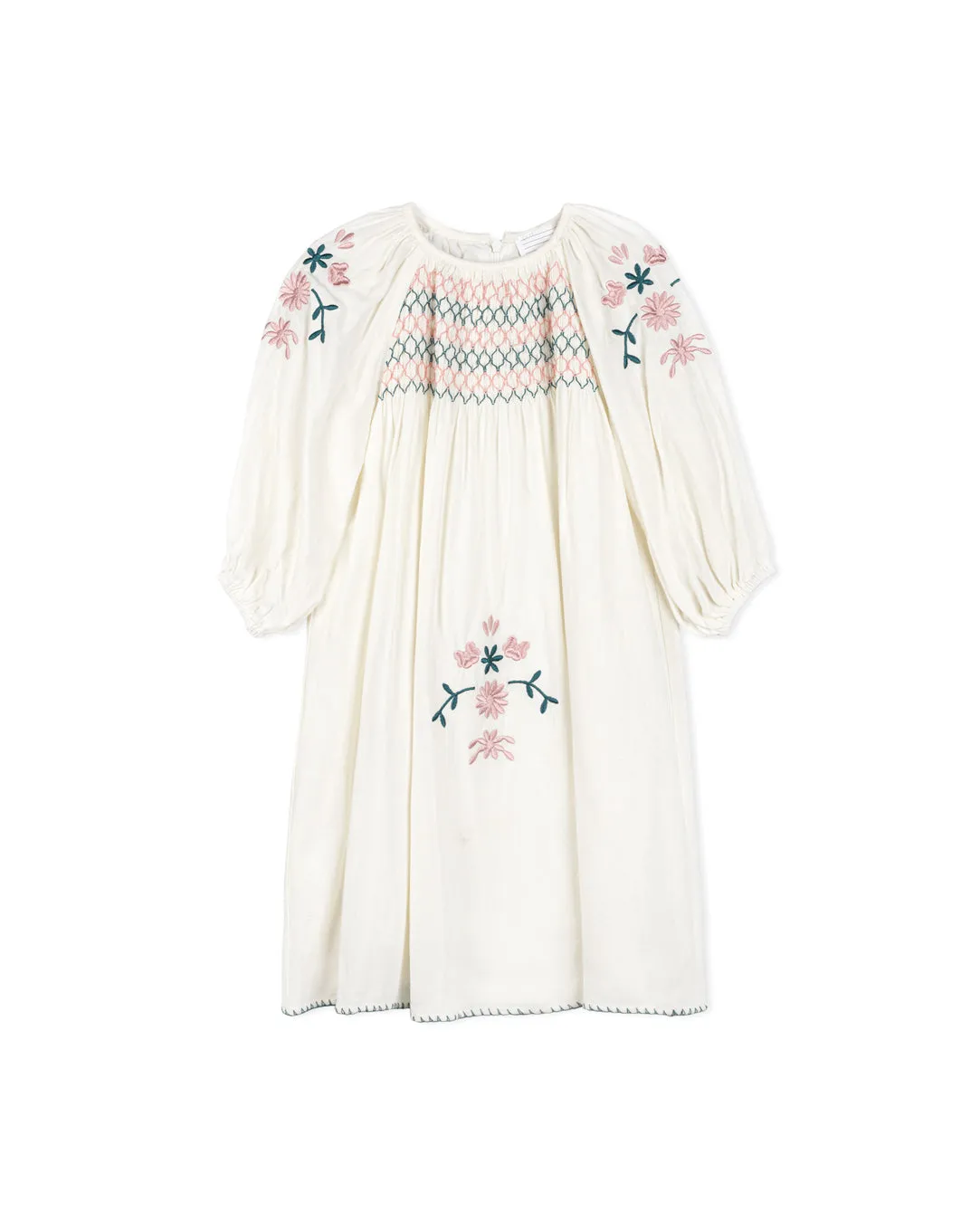 Embroidered And Smocked Shirred Dress