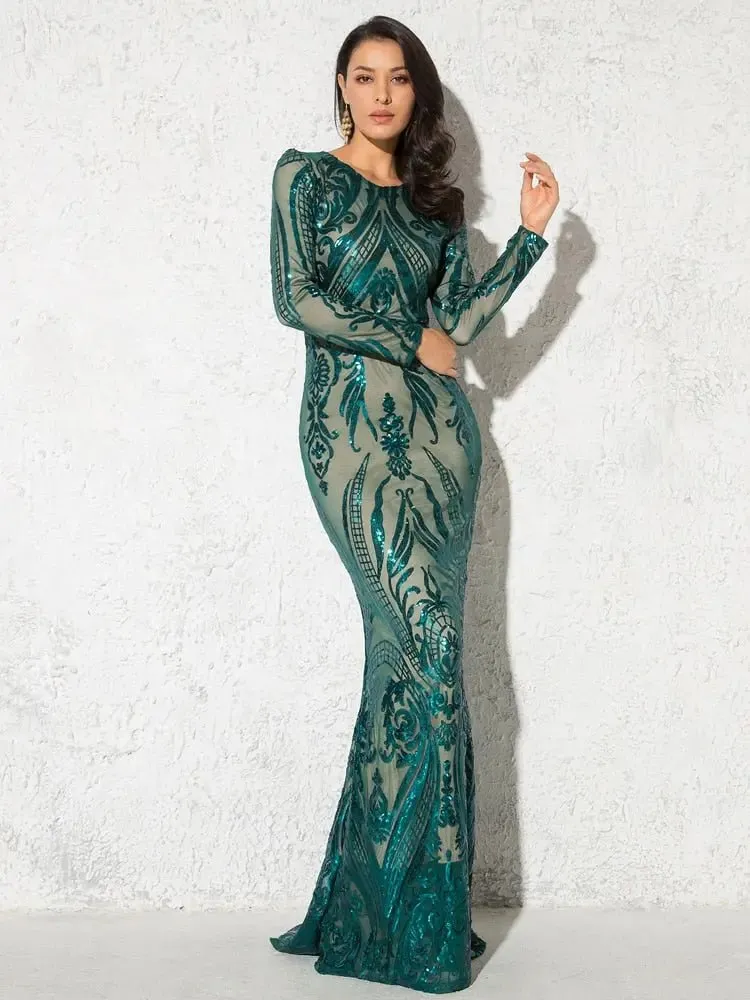 Green O Neck Long Sleeves Sequin Maxi Dress