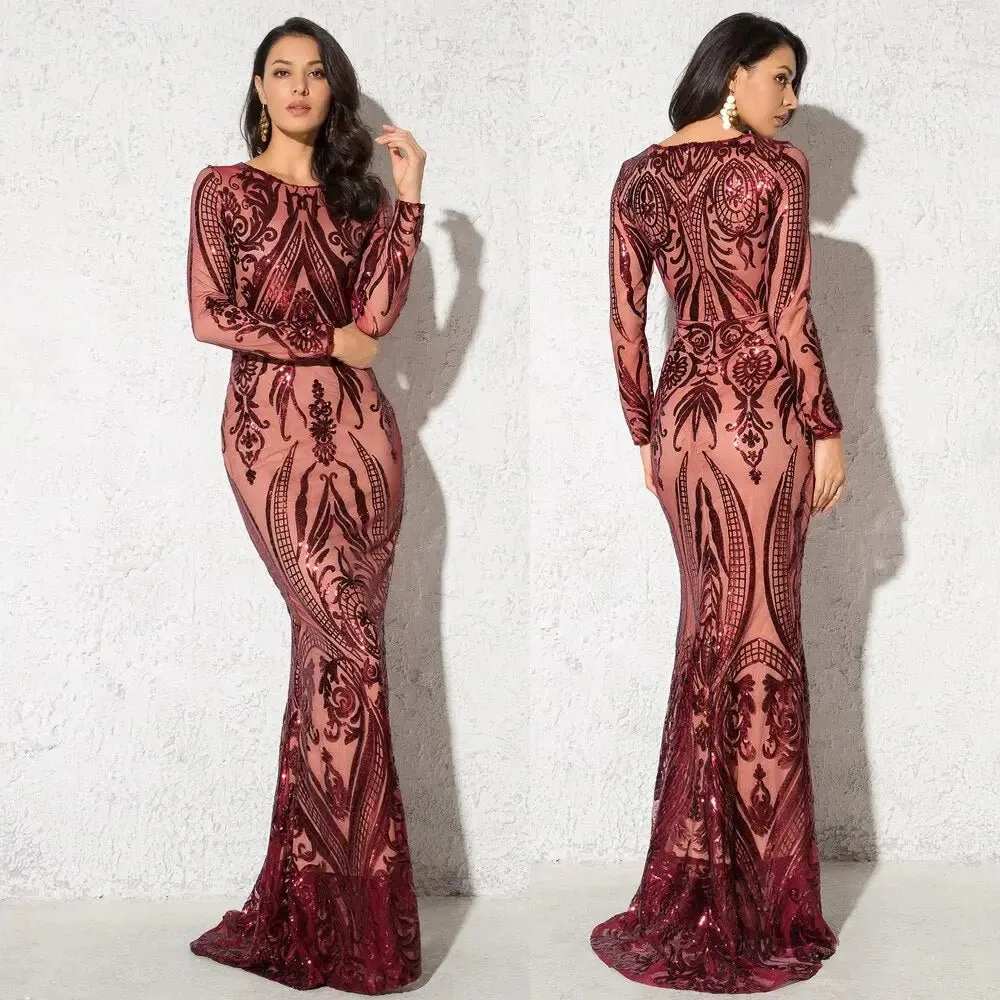 Green O Neck Long Sleeves Sequin Maxi Dress