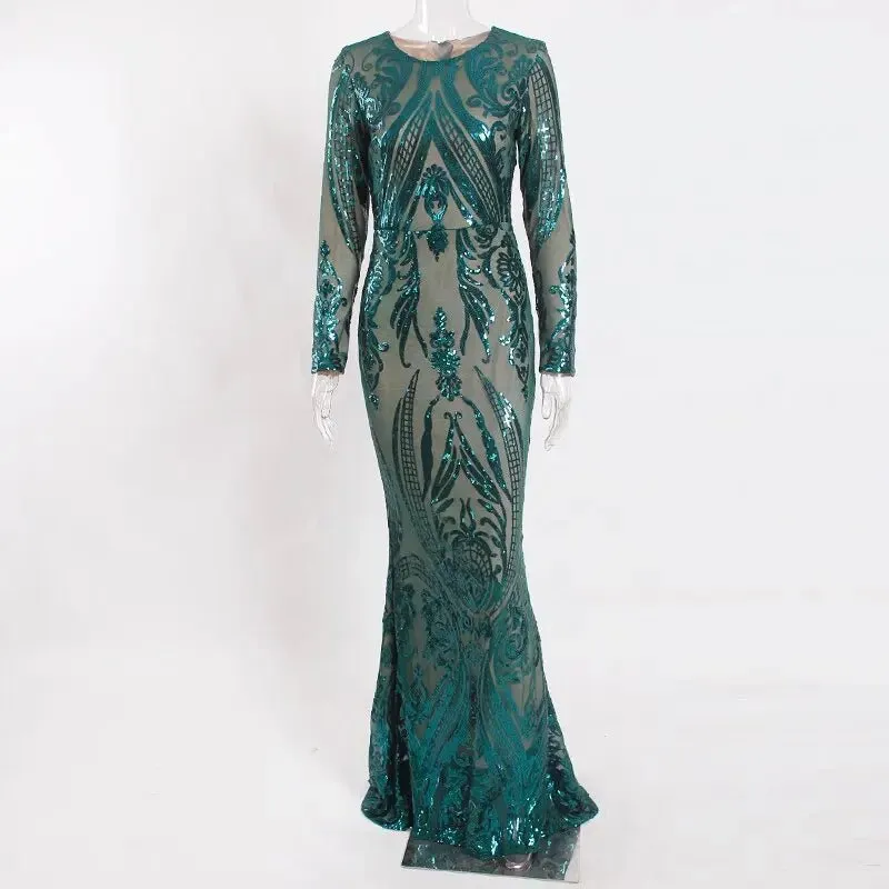 Green O Neck Long Sleeves Sequin Maxi Dress