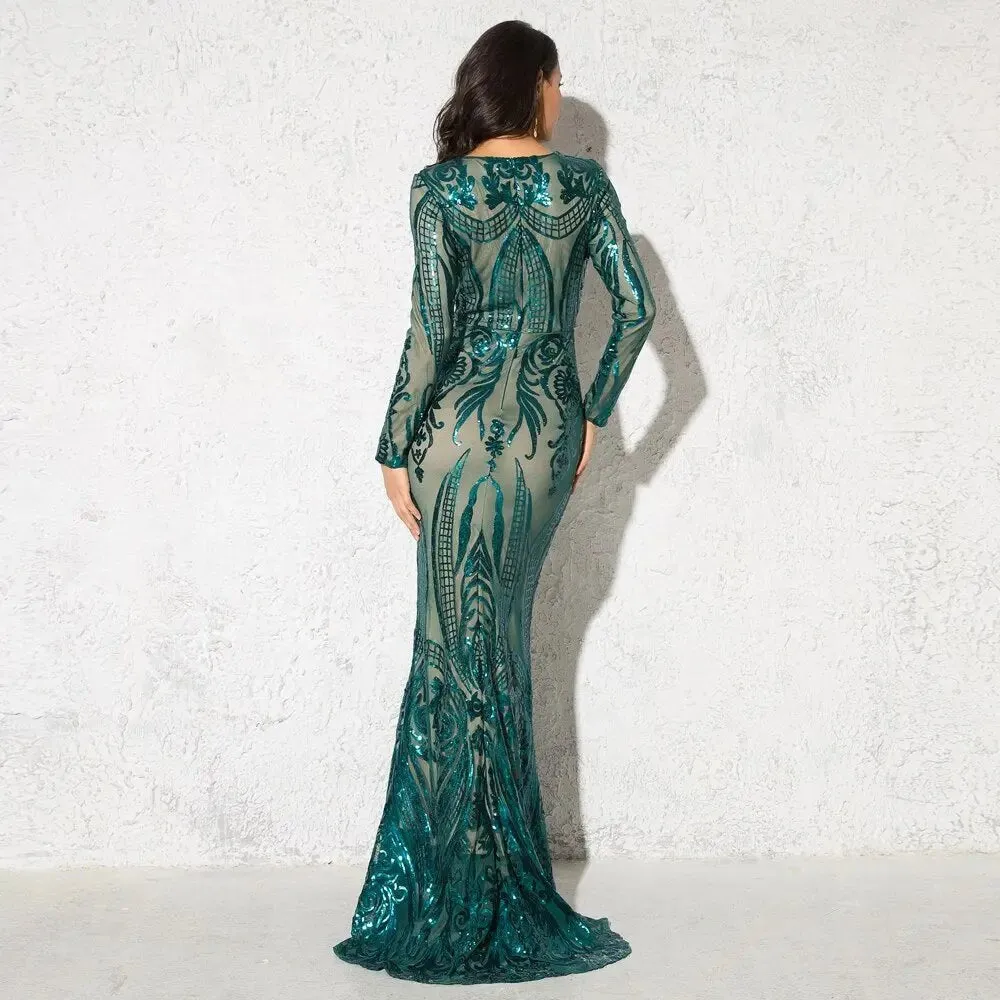 Green O Neck Long Sleeves Sequin Maxi Dress