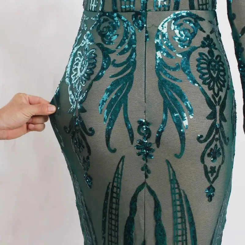 Green O Neck Long Sleeves Sequin Maxi Dress