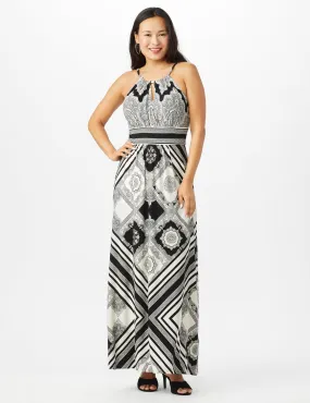 Halter Neck Jersey Medallion Print with Stripes Maxi Dress