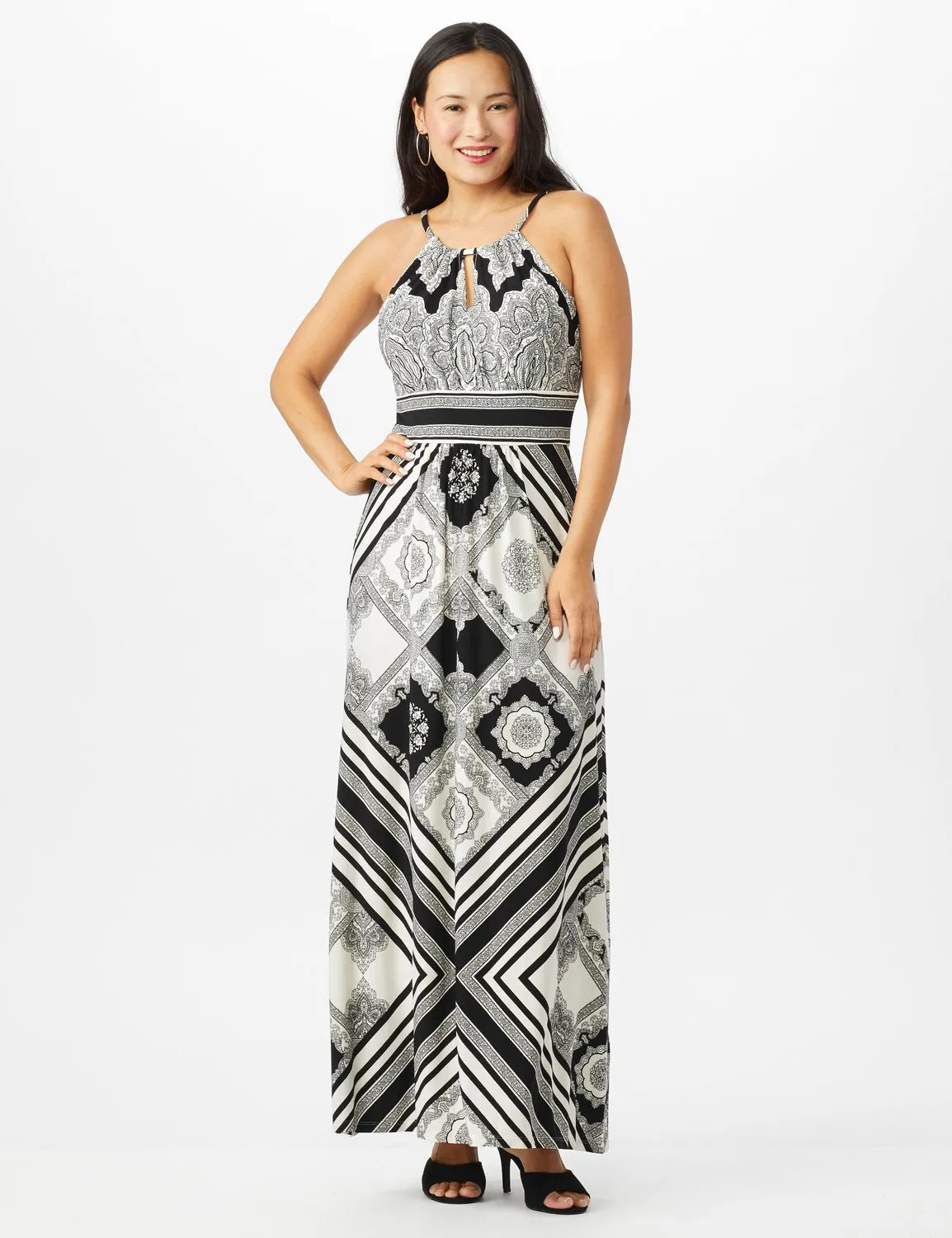 Halter Neck Jersey Medallion Print with Stripes Maxi Dress
