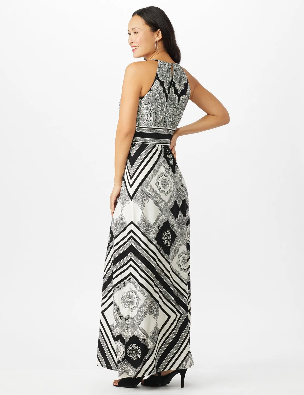 Halter Neck Jersey Medallion Print with Stripes Maxi Dress