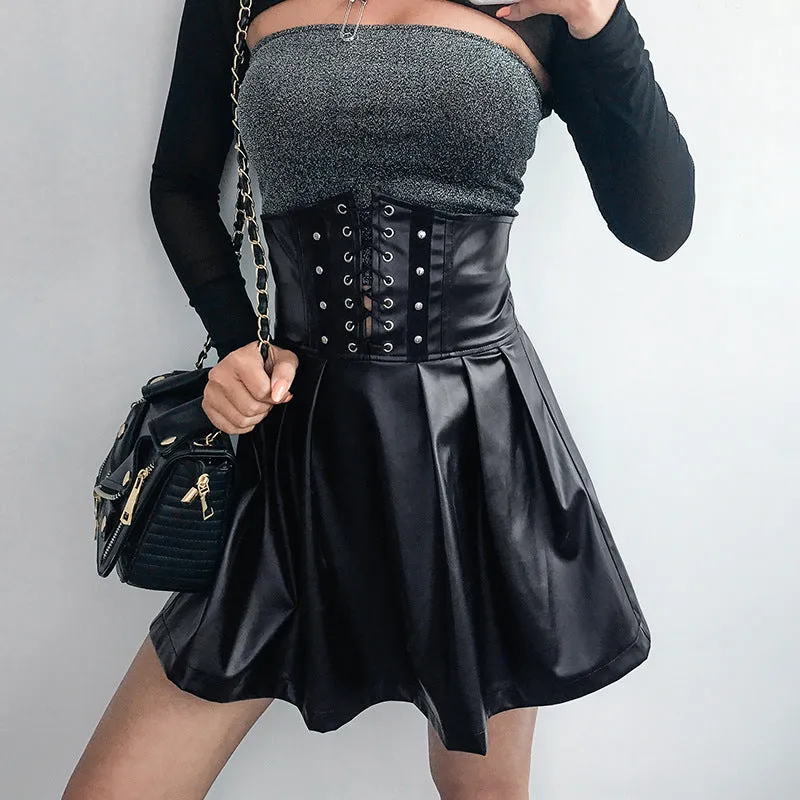 Julia Fashion - Frauen Kunstleder Zipper High Waist Skirts