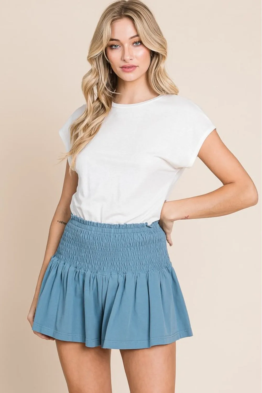 Life's A Highway Mineral Washed Smocked Shorts in French Blue