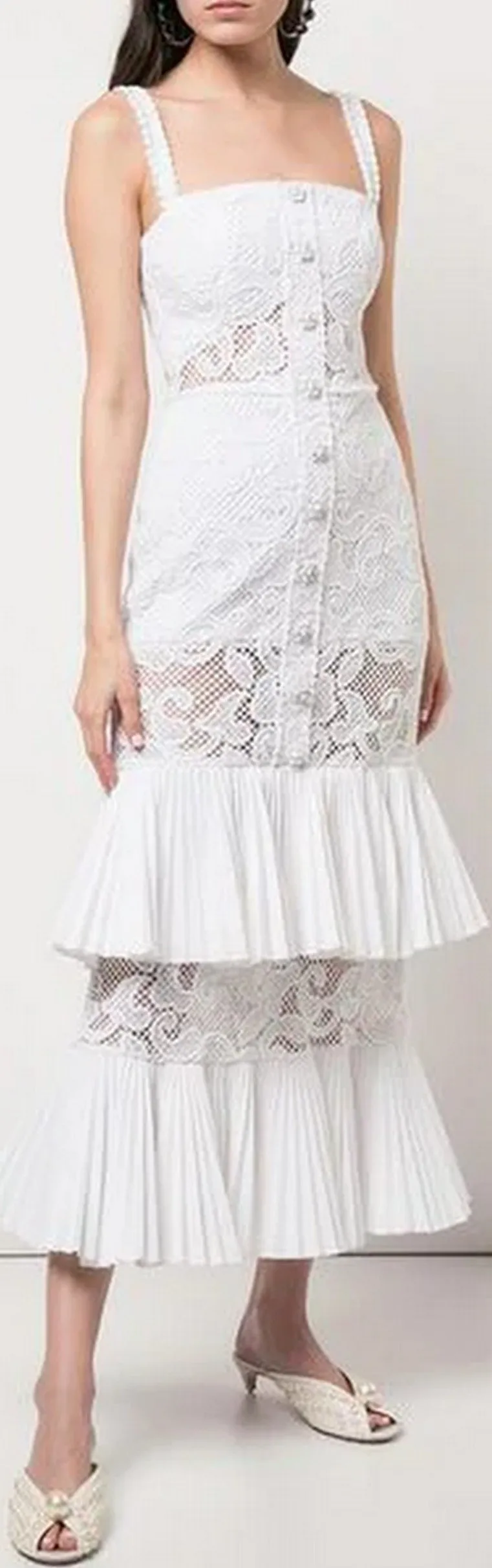 White Midi Dress with Tiered Ruffles and Lace Detail - Lyssa