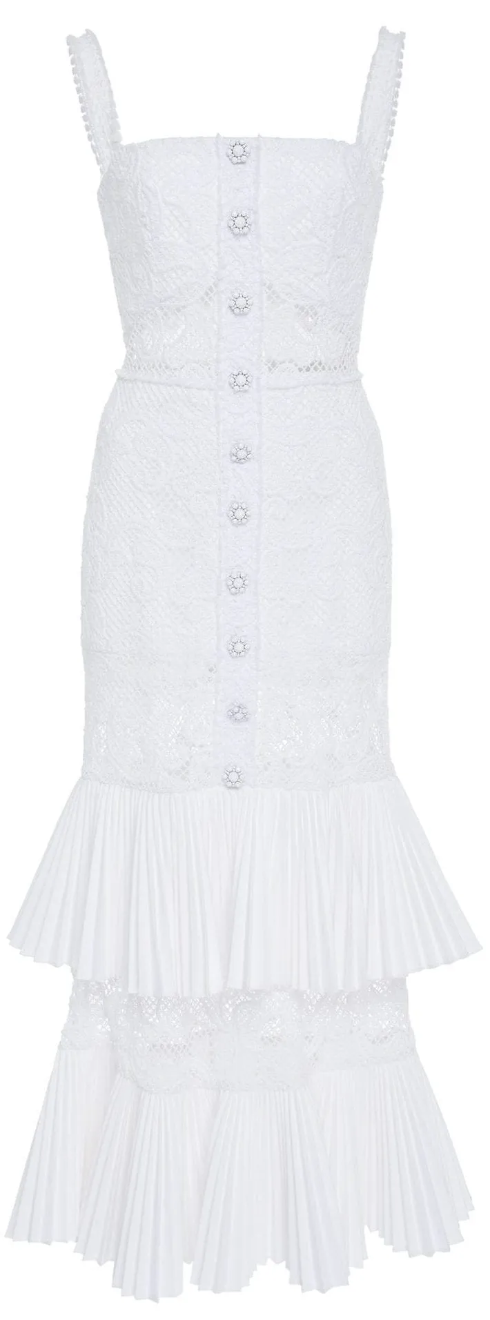 White Midi Dress with Tiered Ruffles and Lace Detail - Lyssa
