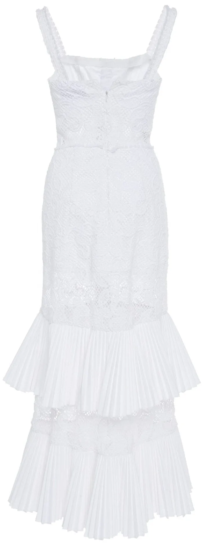 White Midi Dress with Tiered Ruffles and Lace Detail - Lyssa