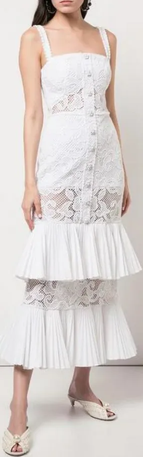 White Midi Dress with Tiered Ruffles and Lace Detail - Lyssa