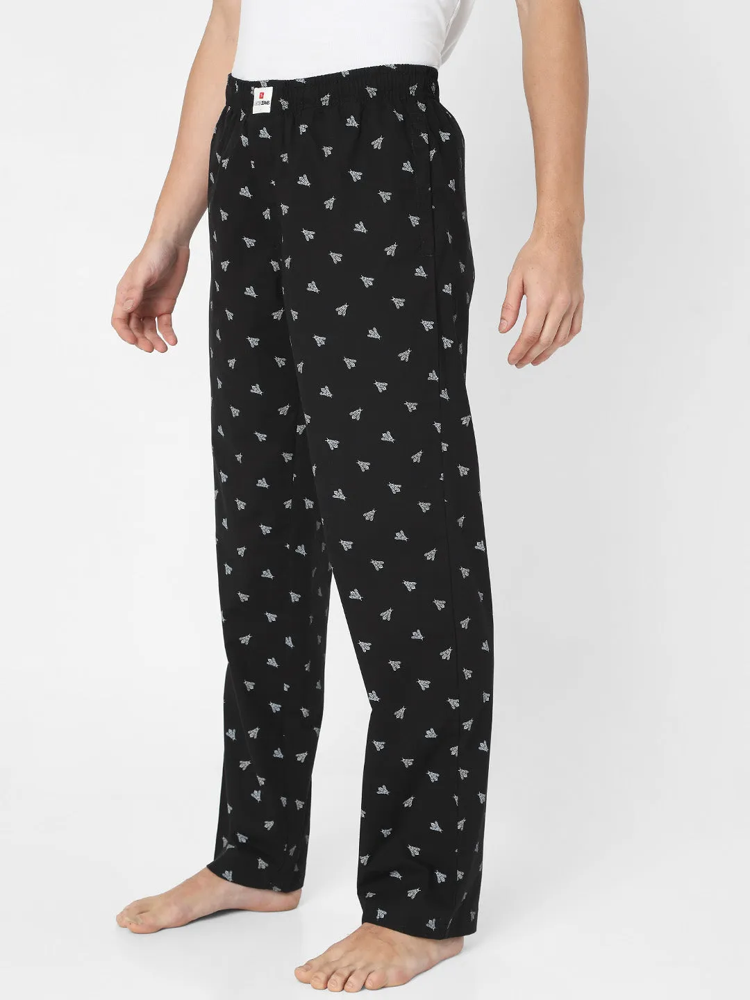 Men Premium Black Cotton Printed Pyjama- Underjeans By Spykar